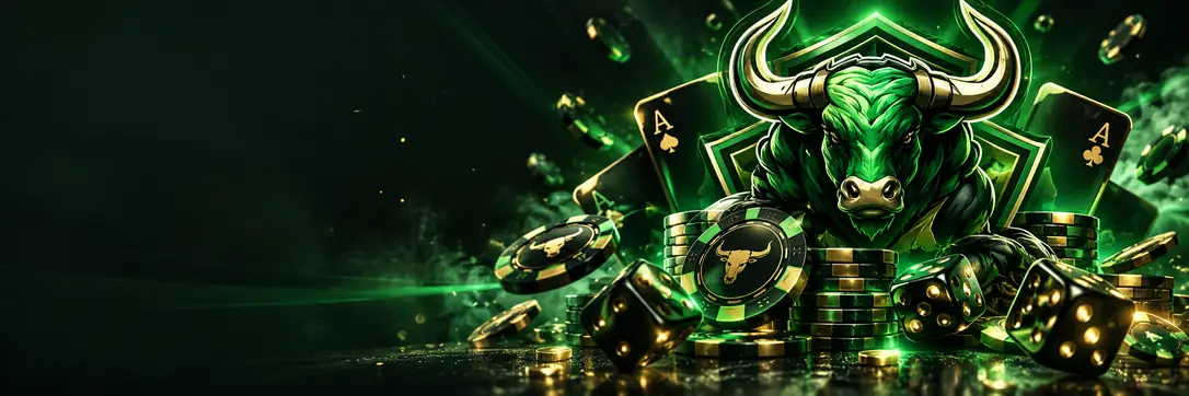 Ilustração da Bullsbet com o touro verde e elementos de cassino para jogar pelo celular
